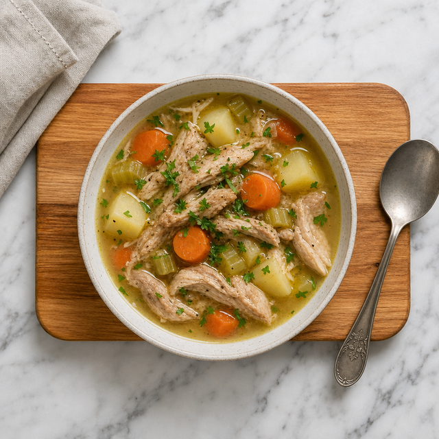Bowl of Acadian chicken fricot topped with fresh parsley