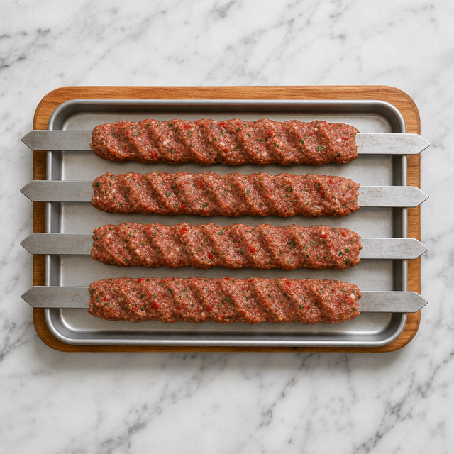 Raw spiced lamb shaped into flat Adana kebabs on skewers.