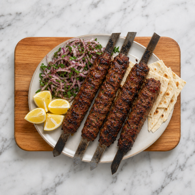 Charred Adana kebabs served with sumac onions, parsley, lemon, and flatbread.