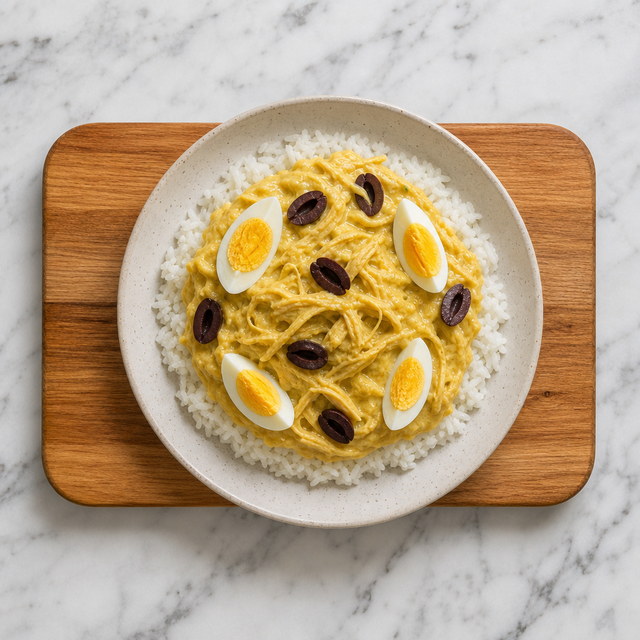 Ají de gallina served over rice with olives and hard-boiled egg
