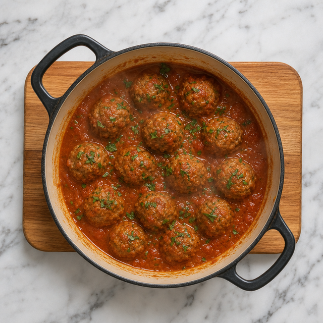 Albóndigas simmering in a glossy tomato and paprika sauce