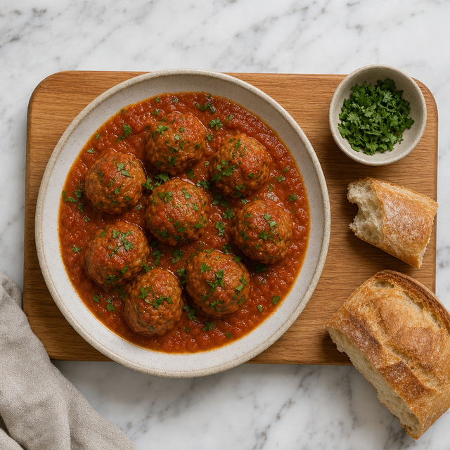 Spanish meatballs served in paprika tomato sauce with bread