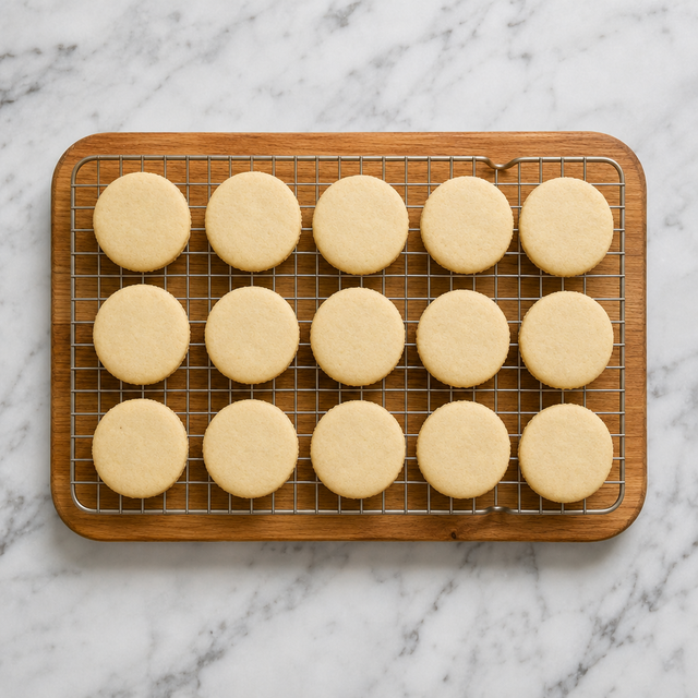 Pale baked alfajor cookies cooling on a wire rack