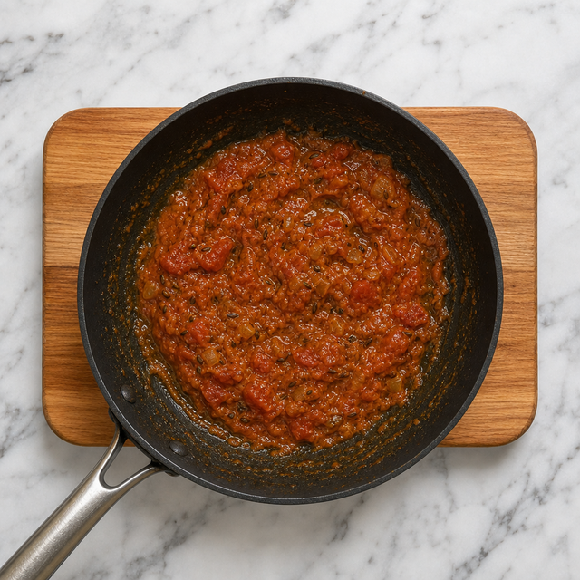 Glossy tomato and spice masala cooking in a skillet