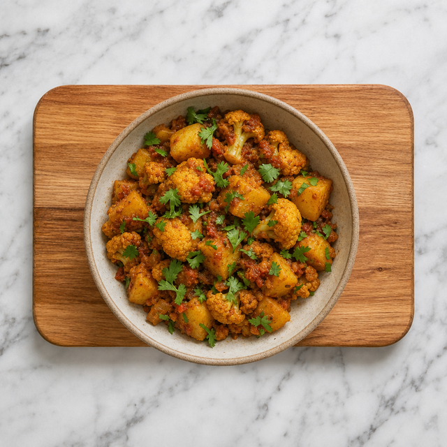 Finished aloo gobi garnished with fresh cilantro