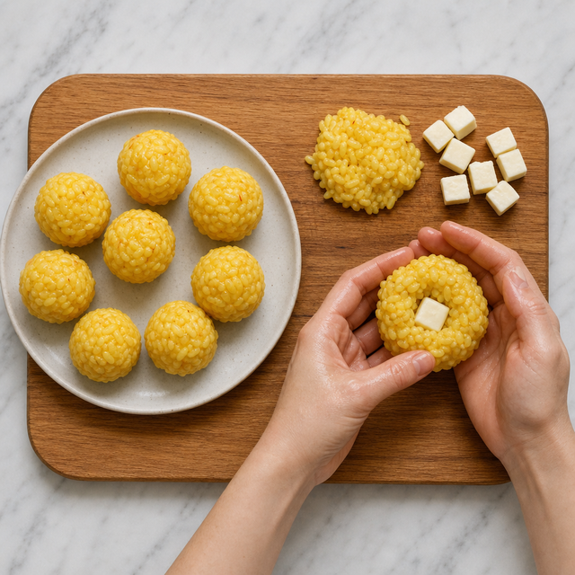 Shaping chilled saffron rice around a mozzarella cube
