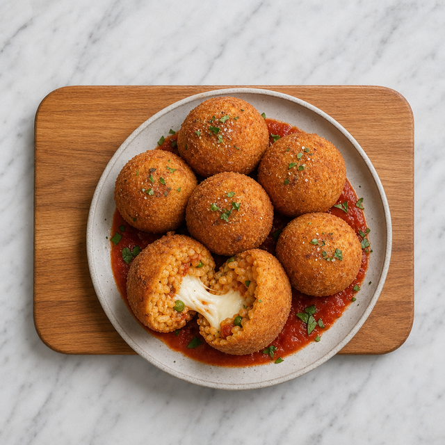Golden arancini with molten mozzarella and saffron risotto centers