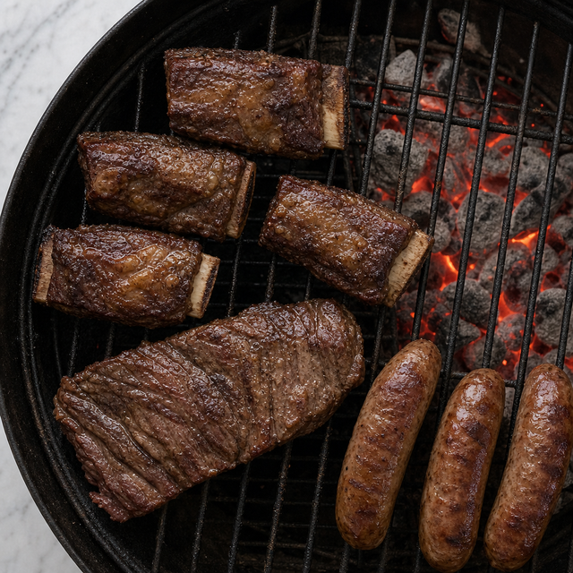 Beef short ribs browning over a charcoal grill.
