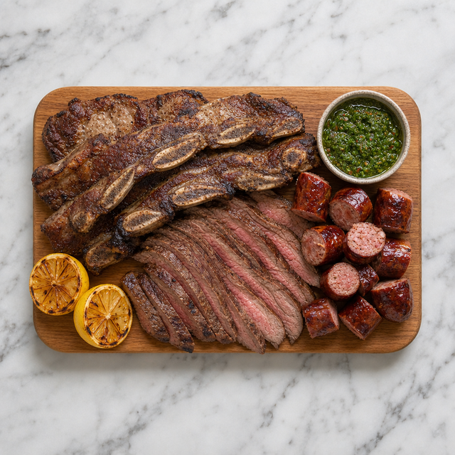 Sliced asado with chimichurri and grilled lemon on a serving board.