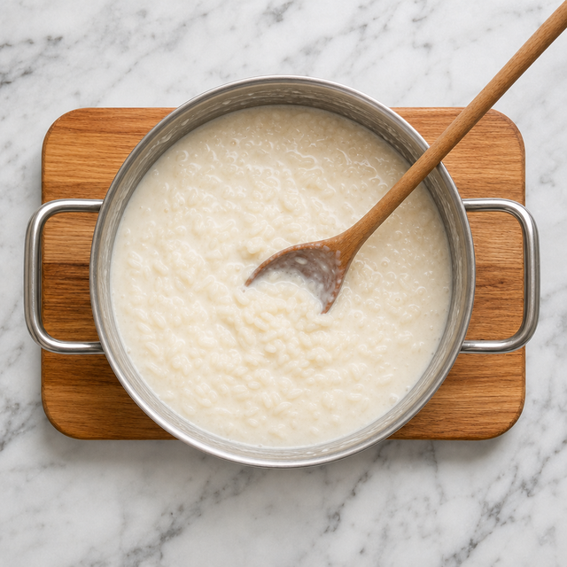 Creamy rice pudding simmering in a saucepan with tender grains