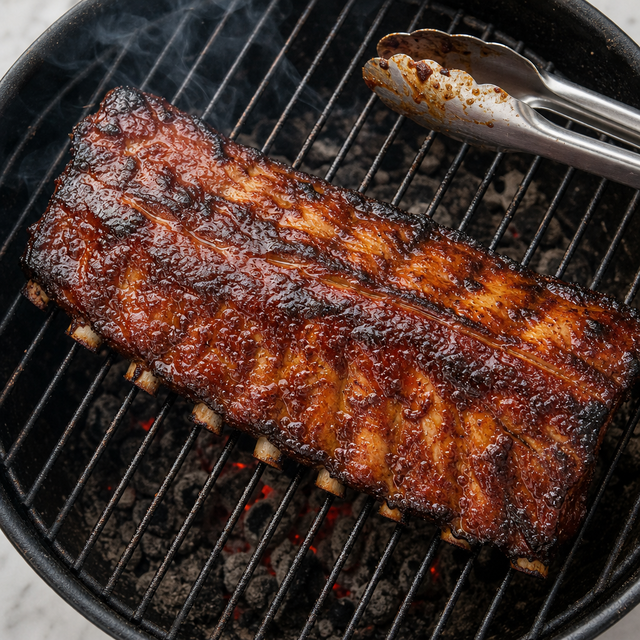 Glossy barbecue-glazed baby back ribs developing char on the grill