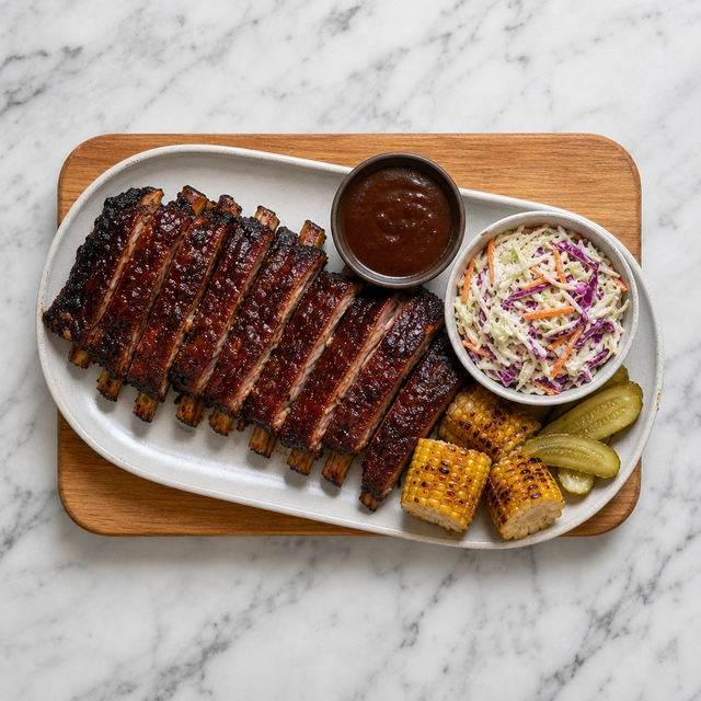 Baby back ribs served with barbecue sauce, coleslaw, corn, and pickles