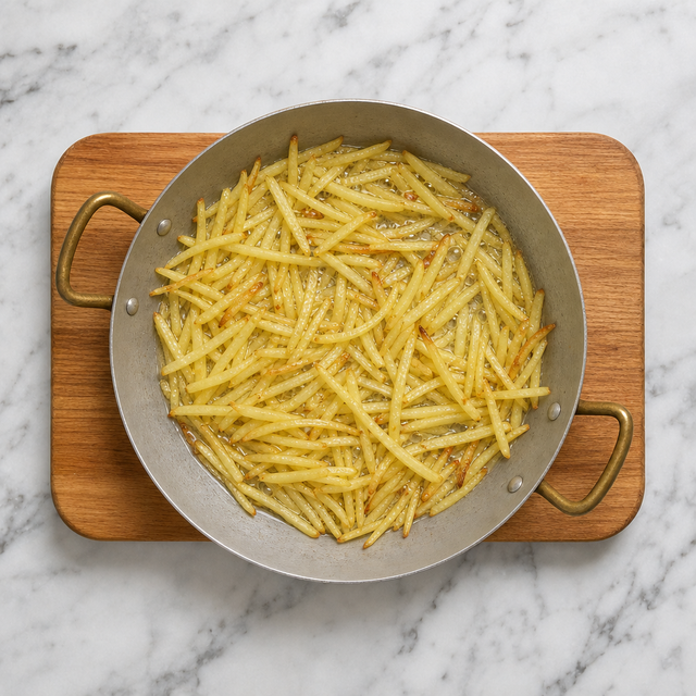 Potato matchsticks frying until pale golden and crisp at the edges