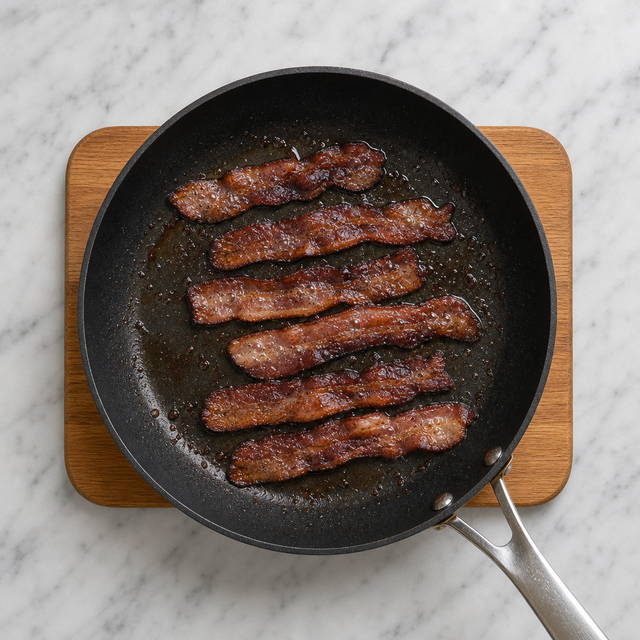 Bacon browning in a skillet with crisp edges