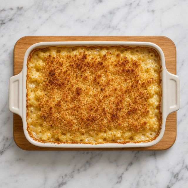 Golden baked macaroni and cheese with a bubbling cheese sauce