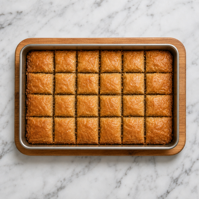 Deeply golden baklava with crisp phyllo layers fresh from the oven