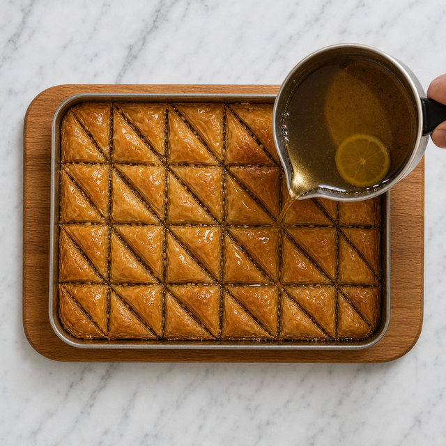Lemon-honey syrup being poured over hot golden baklava