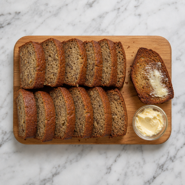 Sliced banana bread showing a moist crumb and walnuts