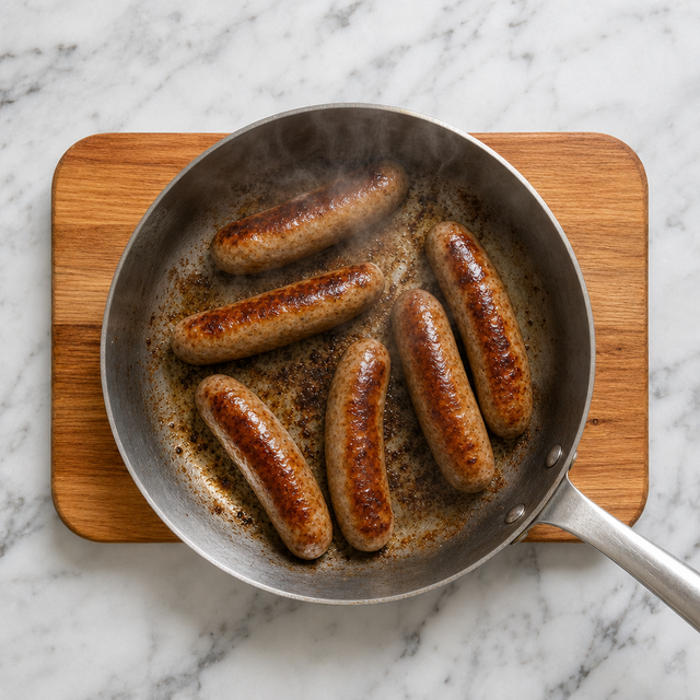 Pork sausages browning in a skillet