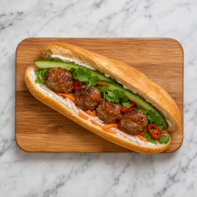 Banh mi filled with pork meatballs, pickles, cucumber, herbs, and chili