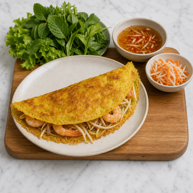 Folded crispy banh xeo filled with shrimp, pork, and bean sprouts