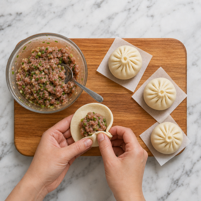 Pleating bao dough around pork filling