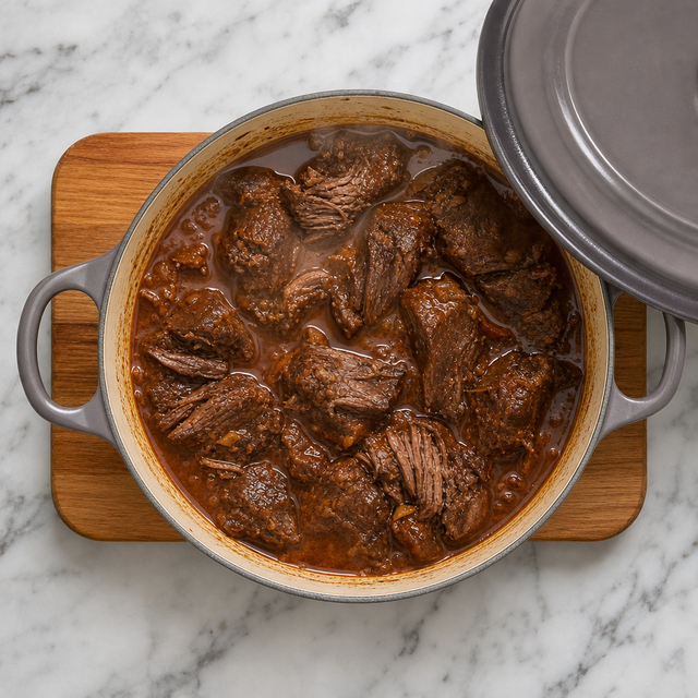 Tender beef barbacoa simmering in a rich red chile sauce