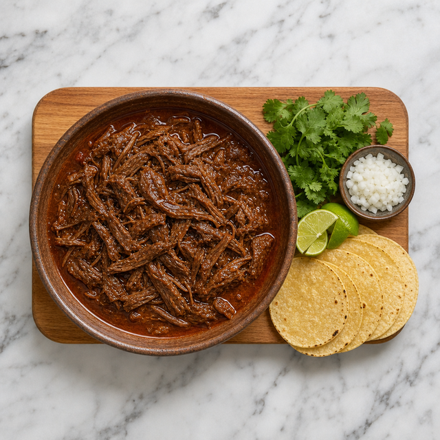 Glossy shredded barbacoa ready to serve with tortillas and fresh toppings
