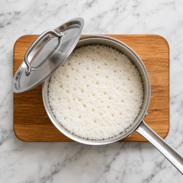 Fluffy steamed rice showing small steam holes after the water has been absorbed.