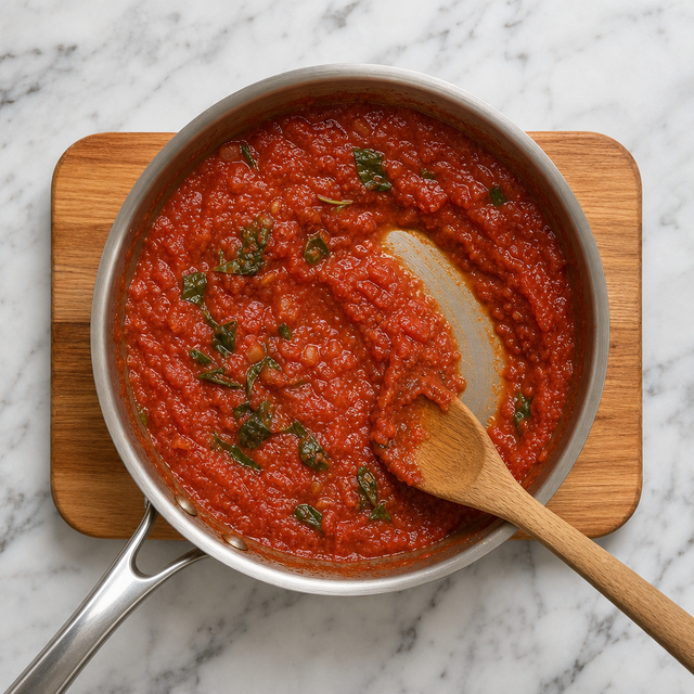Thick tomato sauce showing a clean path when stirred