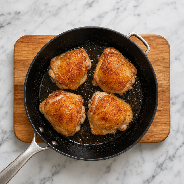 Chicken thighs with deeply browned skin after searing