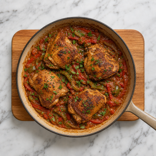 Finished Basque chicken with peppers, tomatoes, and parsley