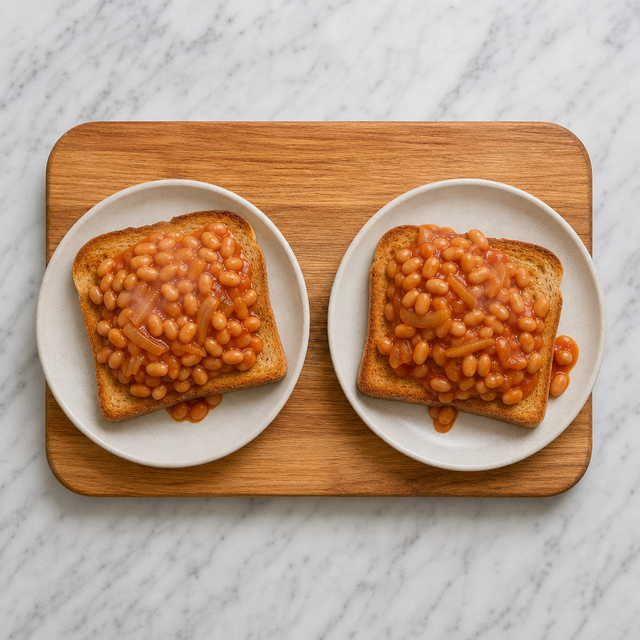 Golden toast topped with glossy savory baked beans and onions