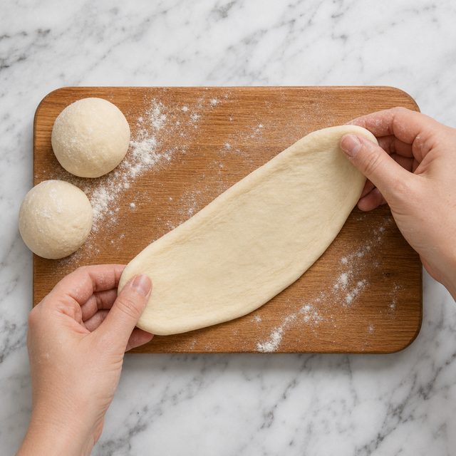 Dough stretched into a thin oval