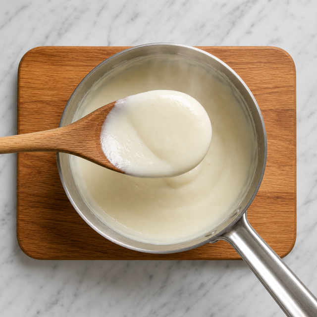 Béchamel sauce thickly coating the back of a spoon