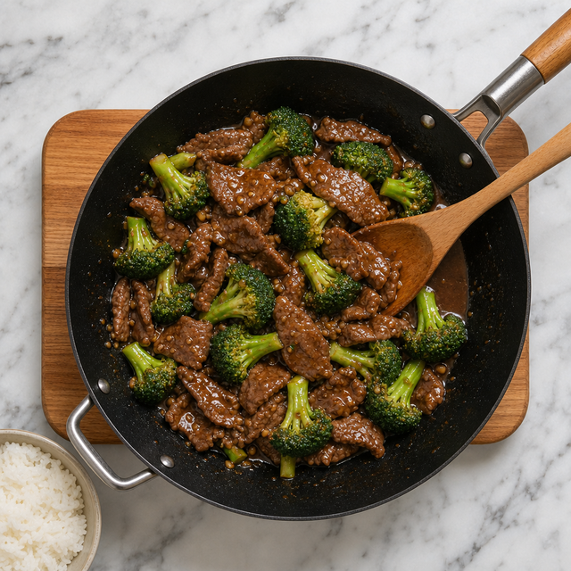 Glossy beef and broccoli stir-fry served with rice