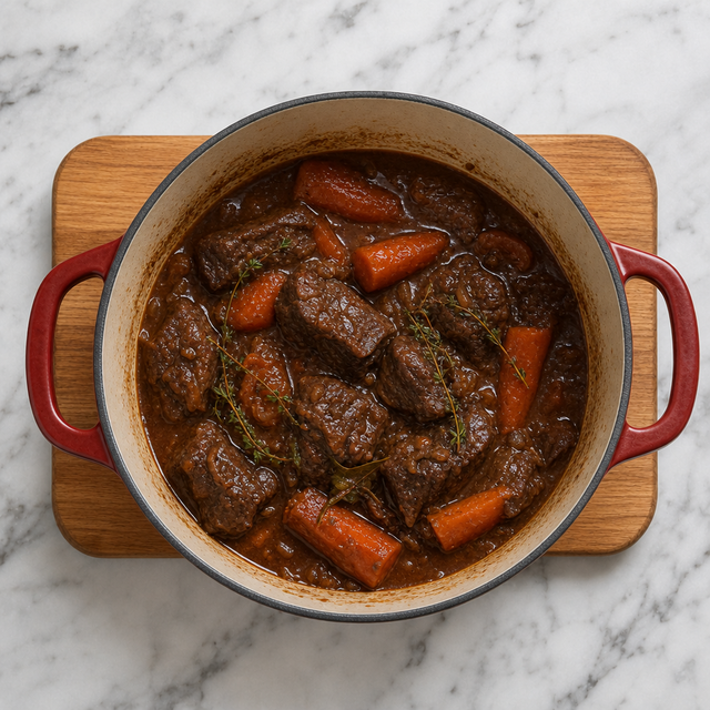 Tender beef and carrots in a glossy red wine braising sauce