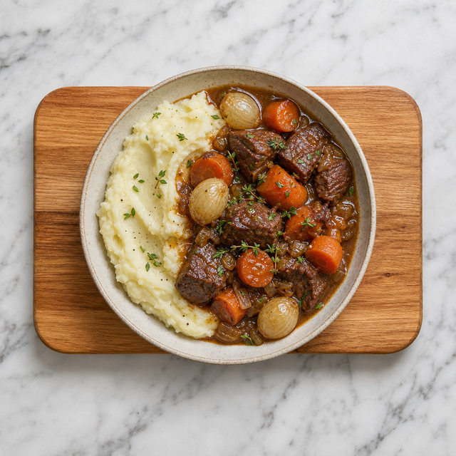 French beef and carrot braise served with carrots and pearl onions
