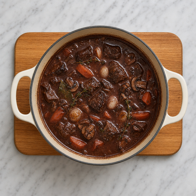 Beef Bourguignon simmering in a glossy red wine sauce