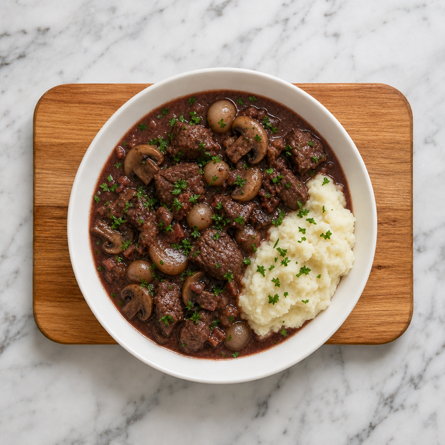 Finished Beef Bourguignon with mushrooms, pearl onions, and parsley