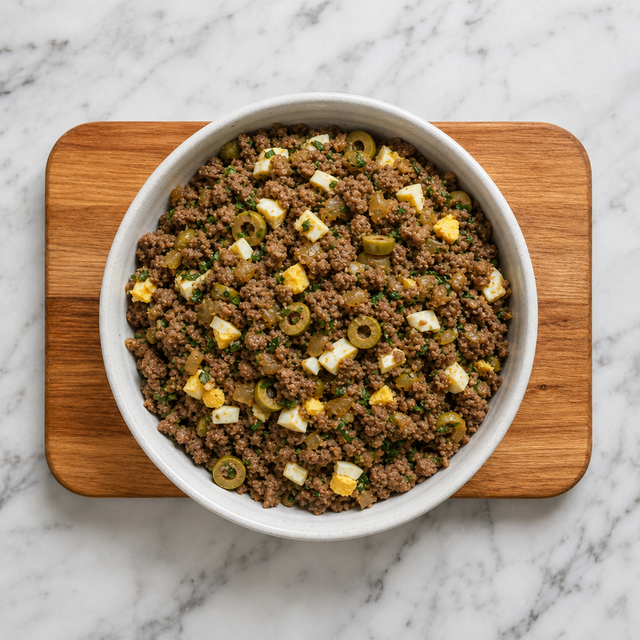 Savory beef empanada filling with olives and chopped egg