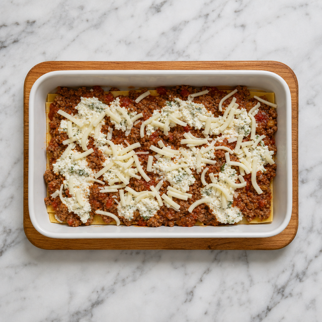 Lasagna layered with pasta, beef ragù, ricotta, and cheese