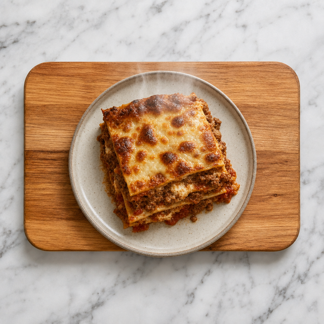 A slice of rested beef lasagna with distinct layers