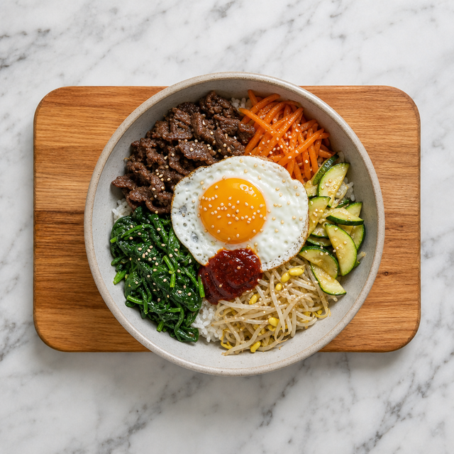 Colorful Korean bibimbap bowl with beef, vegetables, fried egg, and gochujang