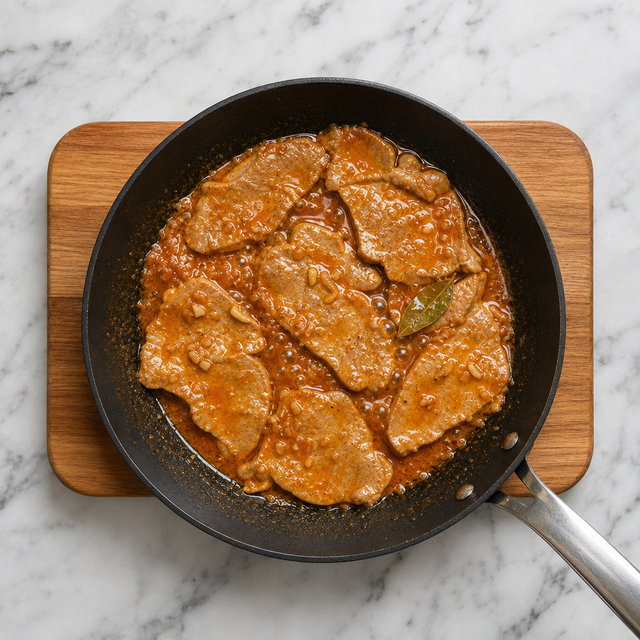 Thin pork slices simmering in glossy paprika and garlic sauce