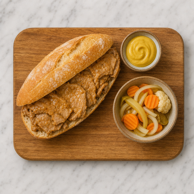 Portuguese bifana sandwich filled with saucy thin-sliced pork