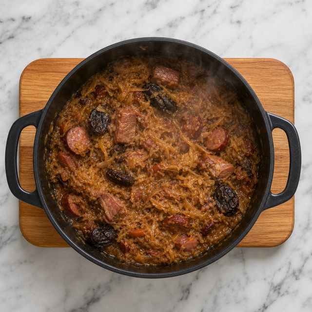 Finished thick and glossy bigos in a Dutch oven