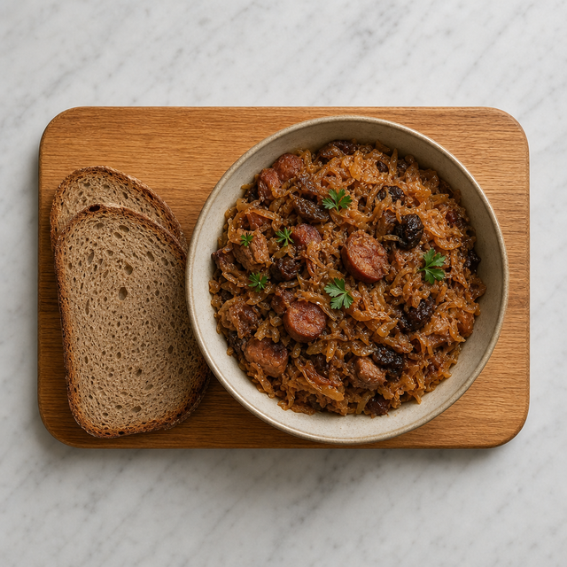 Bigos served hot with rye bread