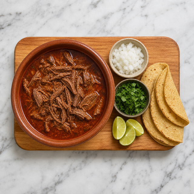 Birria served with consommé and fresh garnishes