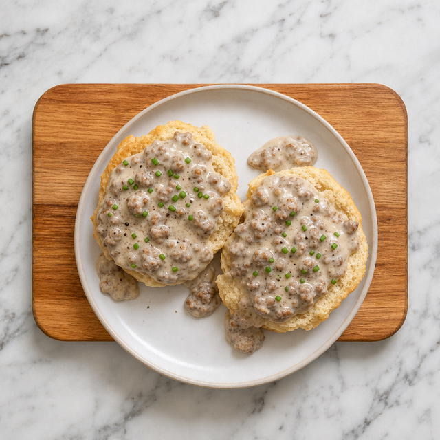Biscuits topped with creamy sausage gravy and chives